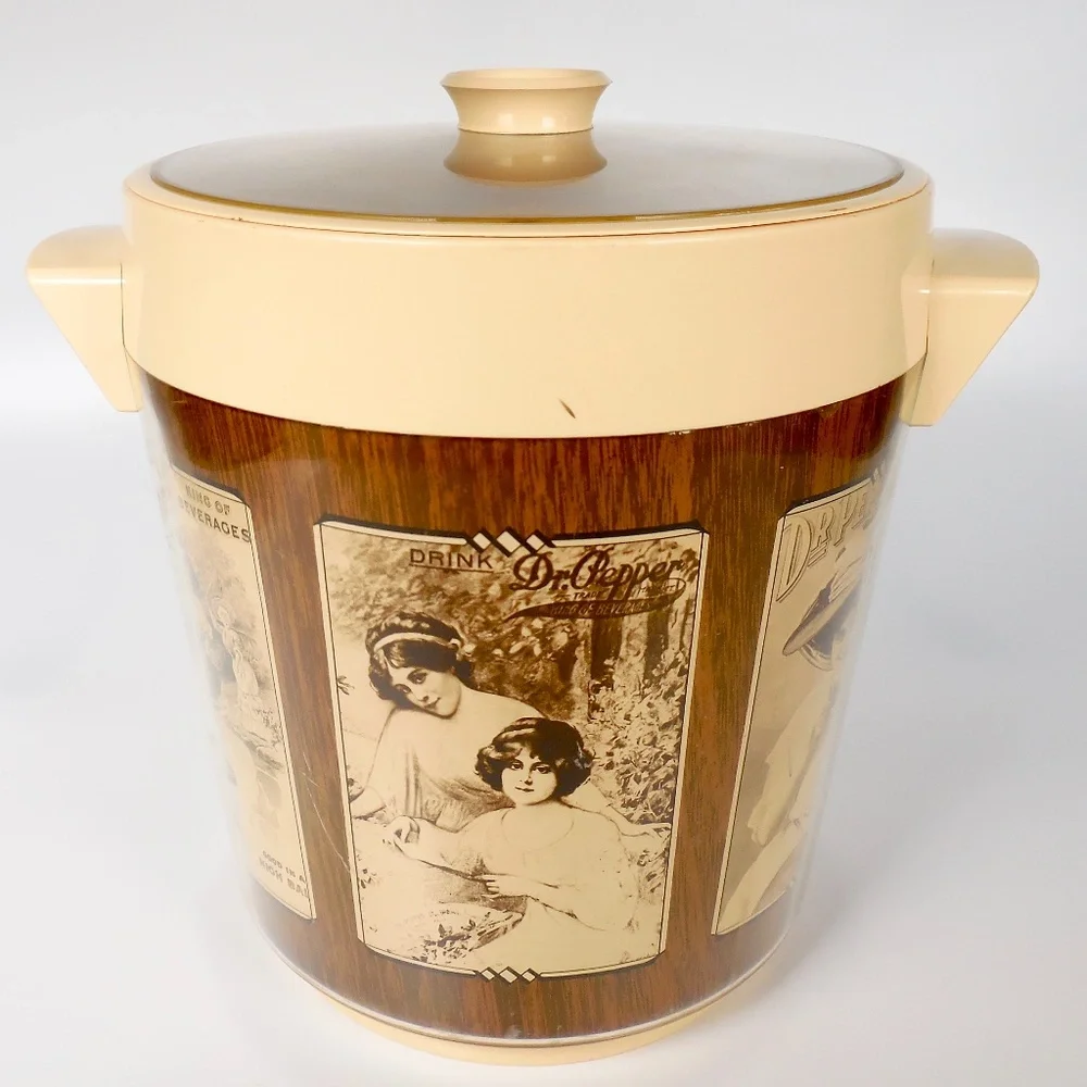 Vintage 70s Dr Pepper Thermo-Serv Insulated Ice Bucket w Retro Antique Art MCM